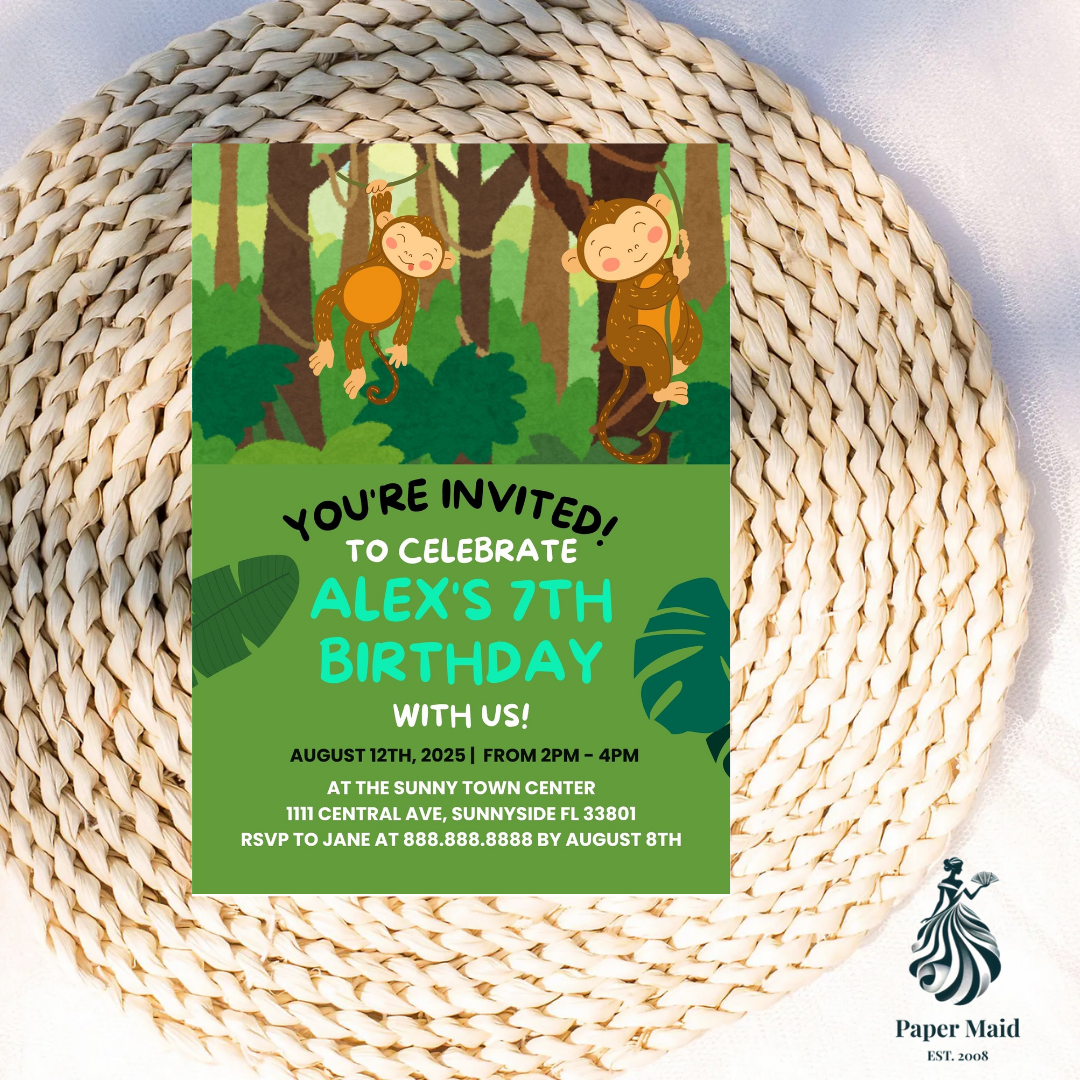 Safari Animals Invitation – Monkey & Leaves Birthday Design