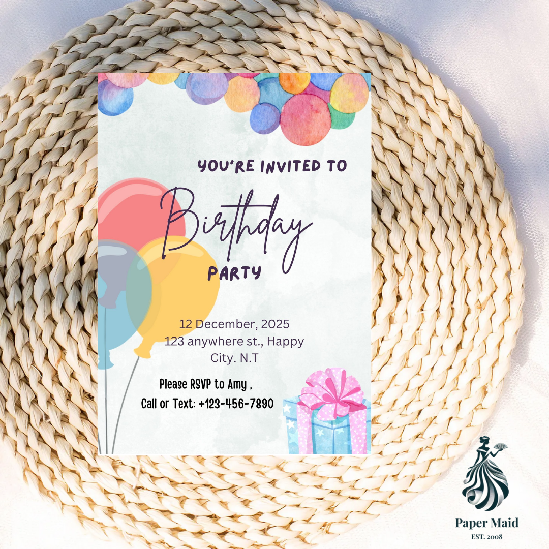 Balloon Birthday Invitation – Colorful Party Gift Box Design