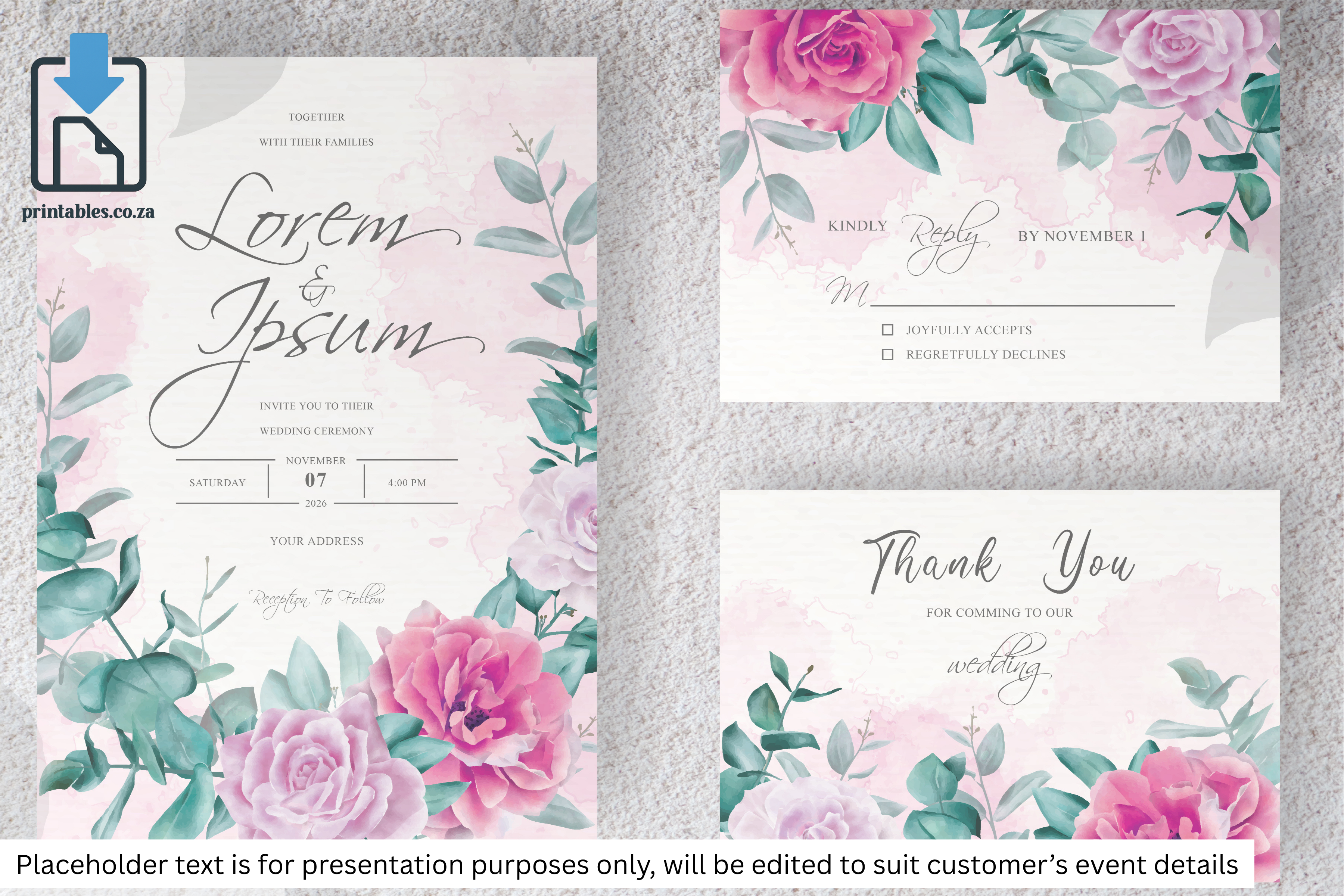 16 Elegant Pink Floral Frame Wedding Invitation Set