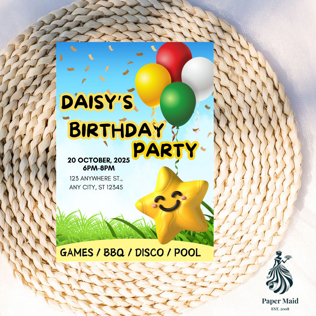 Balloon Birthday Invite – Starry Celebration