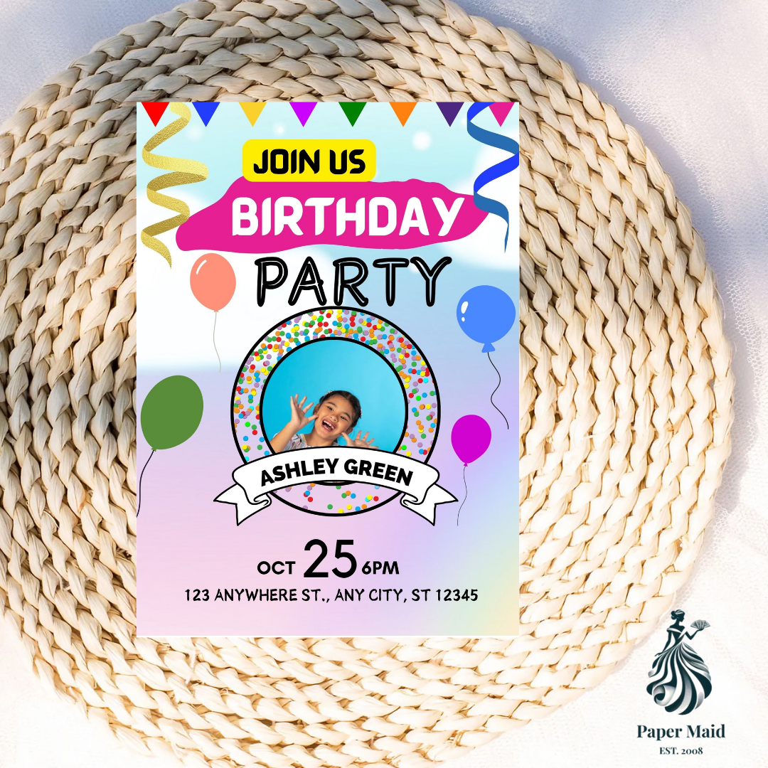Photo Party Invitation – Balloons and Confetti Theme
