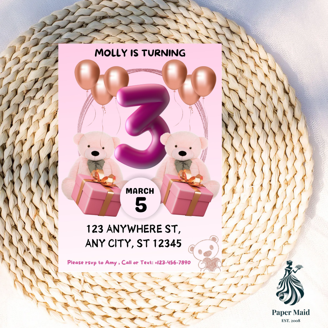 Teddy Bear Birthday Invitation – Balloons & Presents Party Design