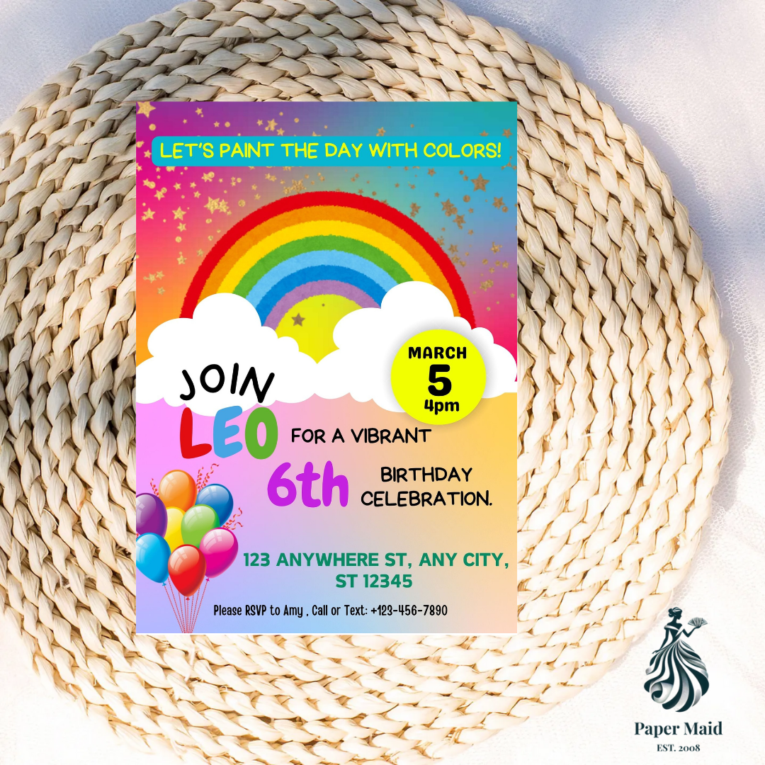 Rainbow Birthday Invitation – Balloons & Clouds Party Design