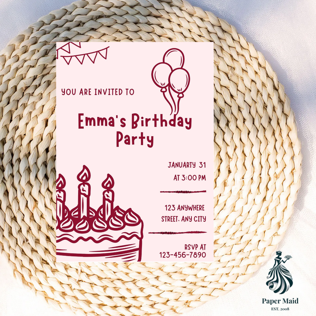 Elegant Birthday Invitation – Cake & Balloons Minimal Design
