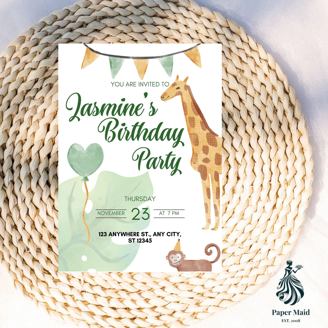 Safari Birthday Invitation – Giraffe & Monkey Green Party Design