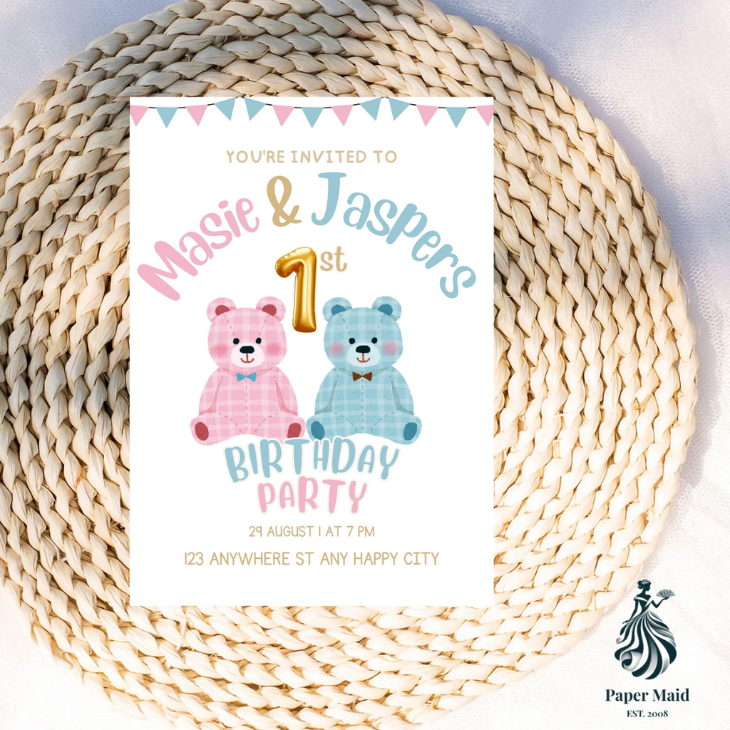 Twins Teddy Bear Design Party Invitation