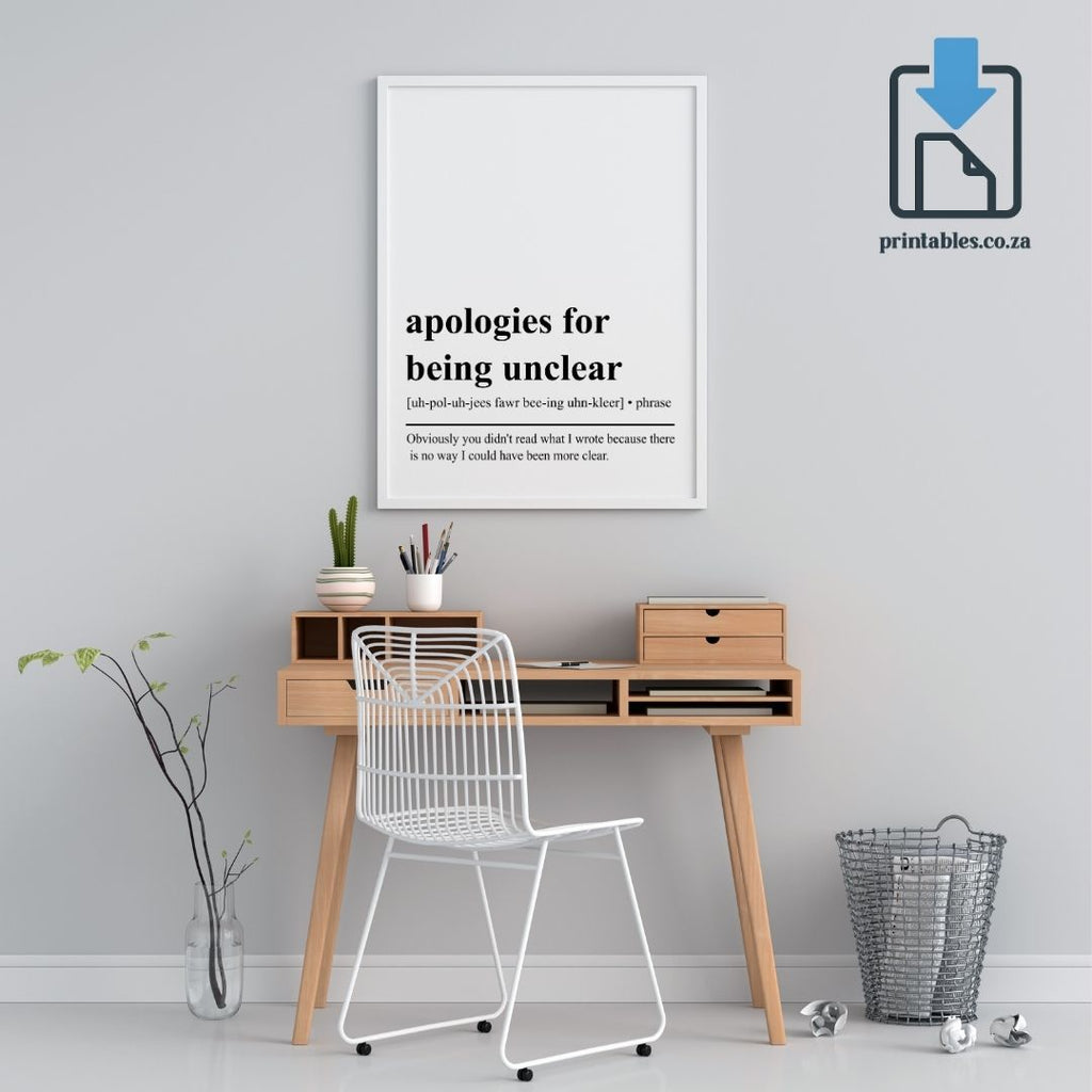 Apologies for Being Unclear Definition Wall Art, Apologies for Being Unclear Quote Decor, Apologies for Being Unclear Printable Wall Art Gift for Home Office, PRINTABLE Wall Art, Digital Download