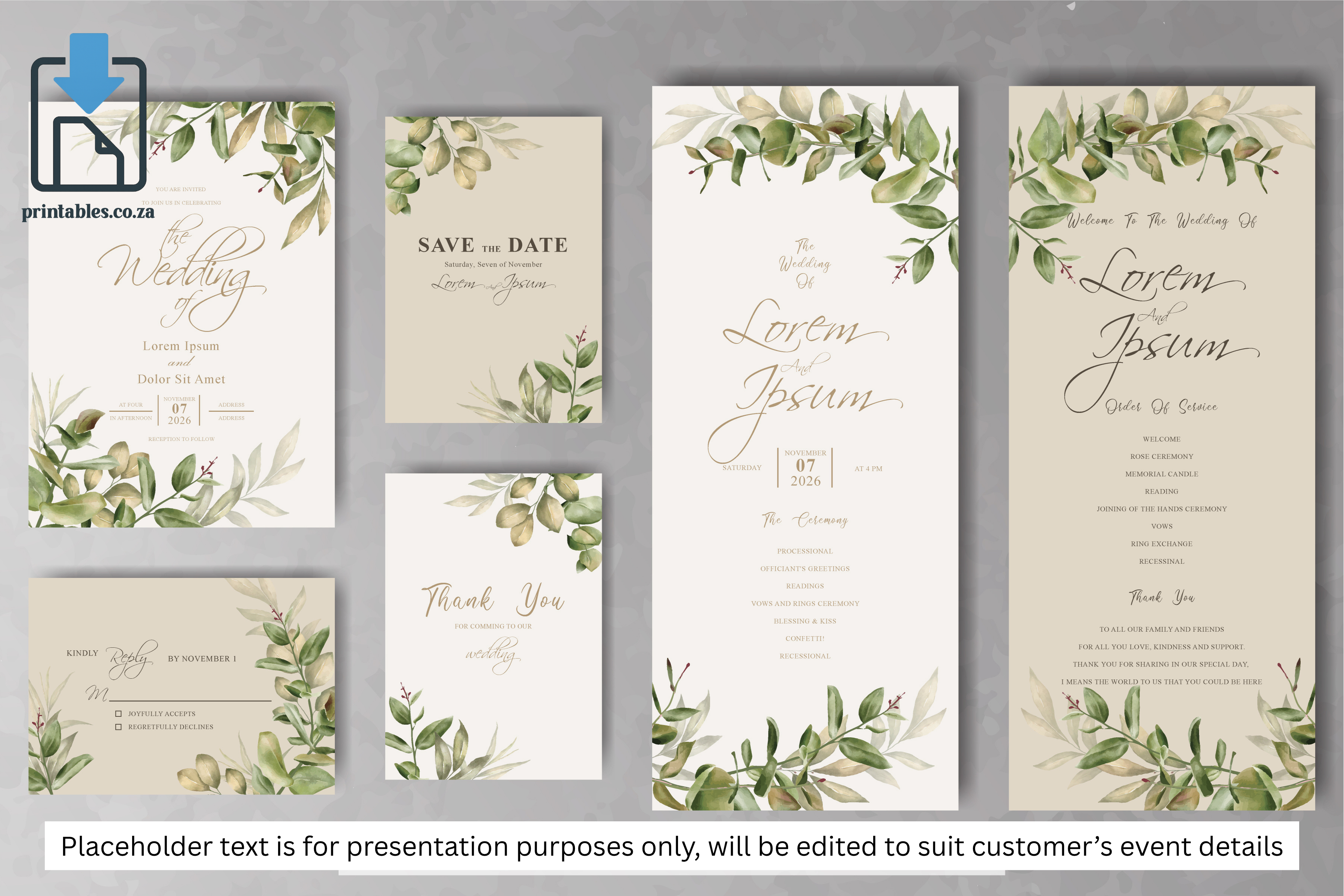 821 Foliage Frame Wedding Invitation Set