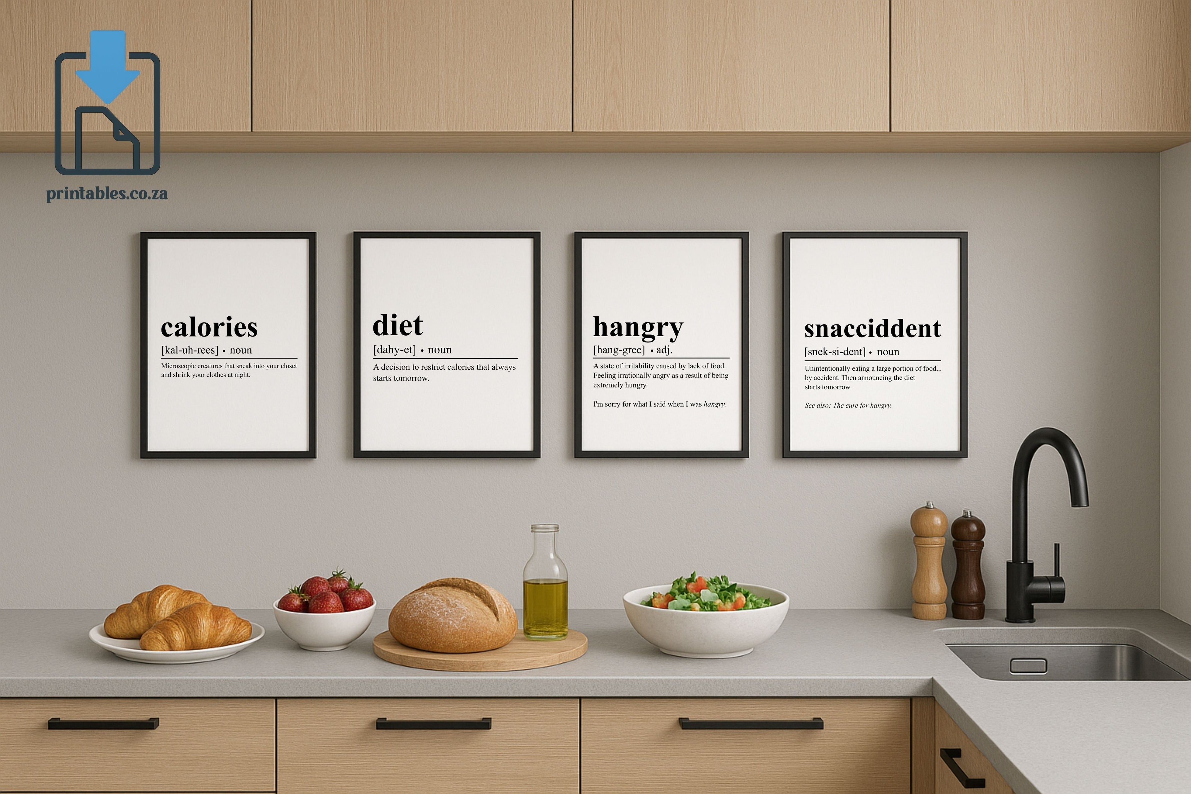 Hangry, Calories, Snaccident & Diet Kitchen Wall Art Set Definition Wall Art, Quote Decor, Printable Wall Art Gift for Home, PRINTABLE Wall Art, Digital Download