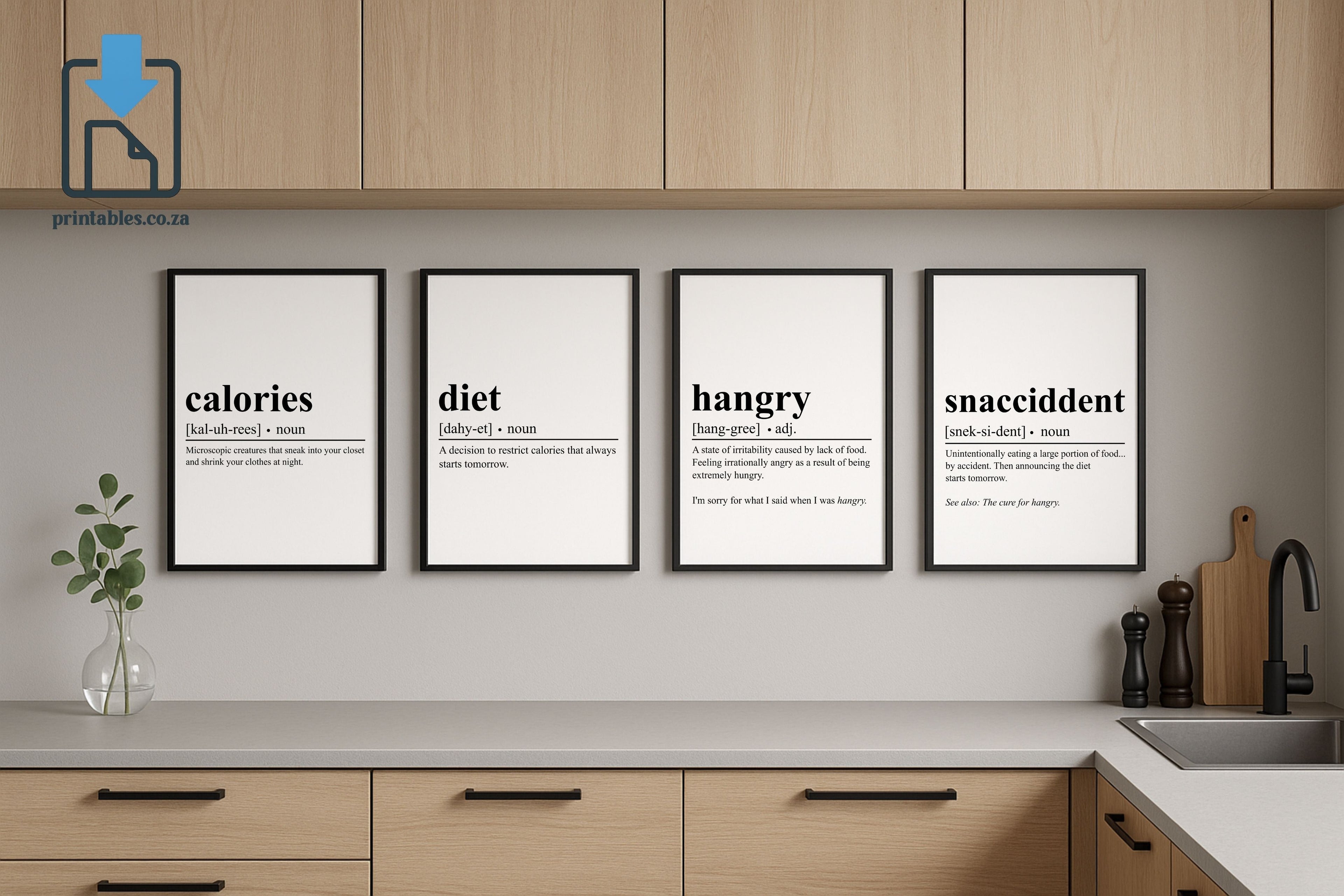 Hangry, Calories, Snaccident & Diet Kitchen Wall Art Set Definition Wall Art, Quote Decor, Printable Wall Art Gift for Home, PRINTABLE Wall Art, Digital Download