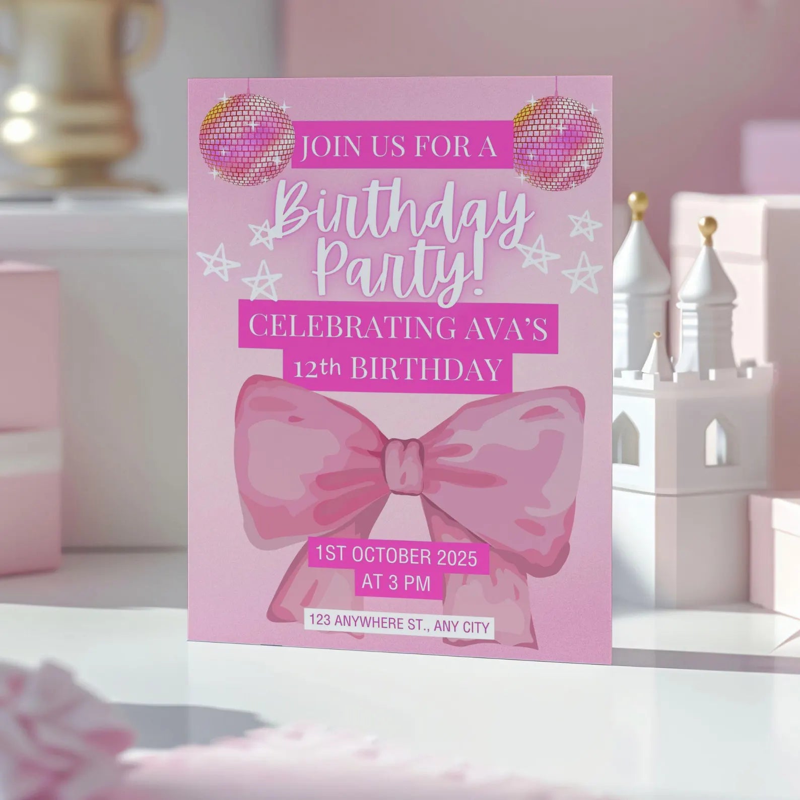 Pink Bow Birthday Invitation