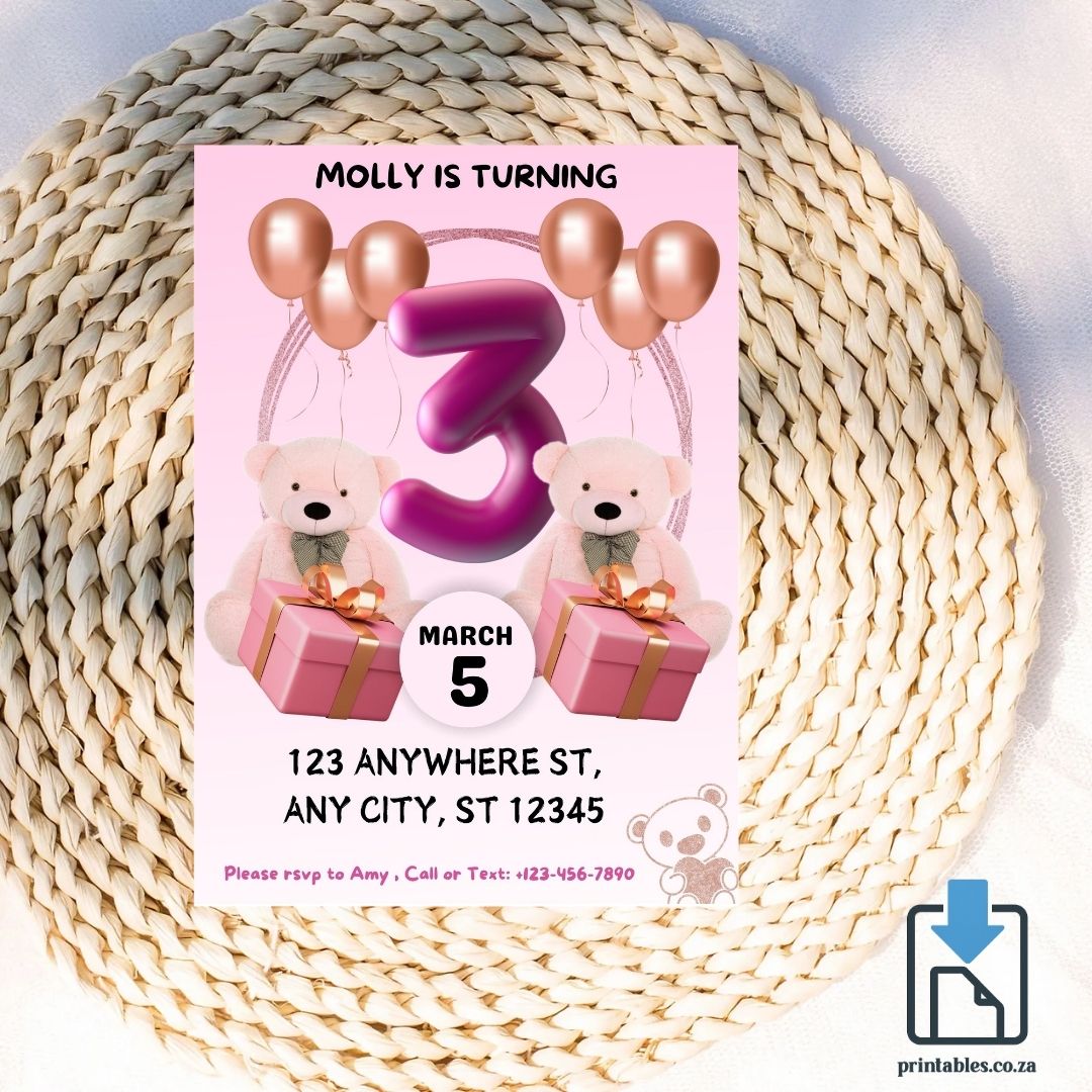 Teddy Bear Birthday Invitation – Balloons & Presents Party Design